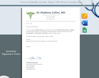 Bewerkbaar doktersverklaring sjabloon, afdrukbare medische verklaring voor werk en school. Ziekteverlofformulier. (Word, Google Docs, Pages)