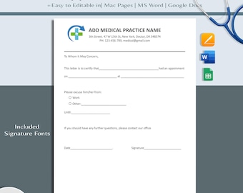 Sjabloon voor afspraakbrief, doktersverklaring, doktersbriefje voor werk, doktersbriefjes, bewerkbare doktersverklaring (Word, Google Docs, Pages)