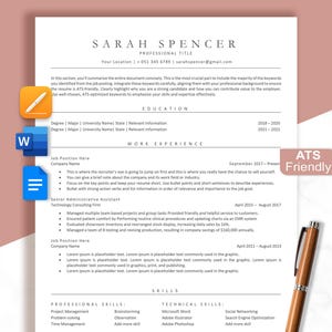 May include: A professional resume template with the name "SARAH SPENCER" at the top. The document includes sections for education, work experience, and skills. A pen rests on the right side of the page. The text "ATS Friendly" is visible.