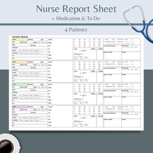 Può includere: Un foglio di referto infermieristico bianco con il titolo "Nurse Report Sheet + Medication & To Do" e le parole "4 Patients". Il foglio include sezioni per le informazioni sul paziente, i segni vitali e le note, con uno stetoscopio blu in alto a destra.