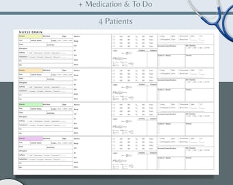 Medisch-chirurgische verpleegkunde: Hersenblad voor 4 patiënten, Verpleegkundige SEH-rapport, IC-verpleegkundige, Overdrachtsrapport, Verpleegkundige met medicatie, laboratoriumonderzoek en takenlijst per uur.