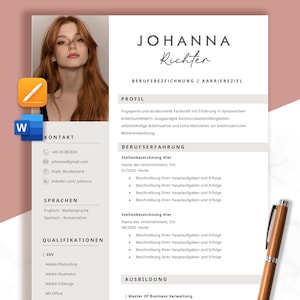 Könnte beinhalten: Professionelle Lebenslaufvorlage mit Foto einer rothaarigen Frau. Das Dokument enthält Abschnitte für Kontaktdaten, Fähigkeiten und Berufserfahrung. Ein Stift liegt an der Seite. Software-Icons sind sichtbar.