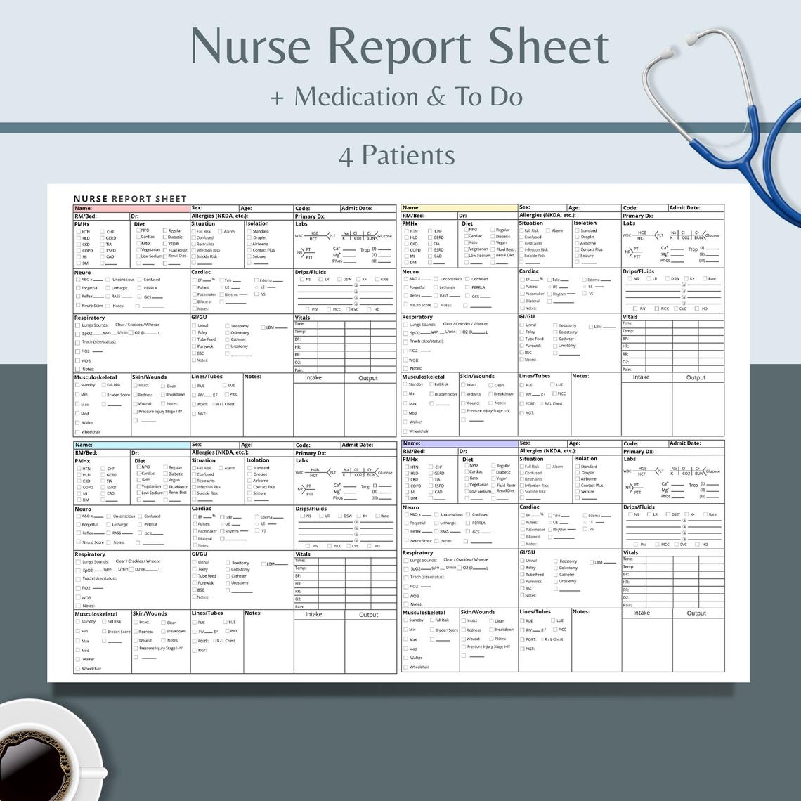 Four Patient Worksheet.pdf Nursing Report Sheet, 4 Patient Nurse Report Sheet – Med Surg, ICU, ER ...