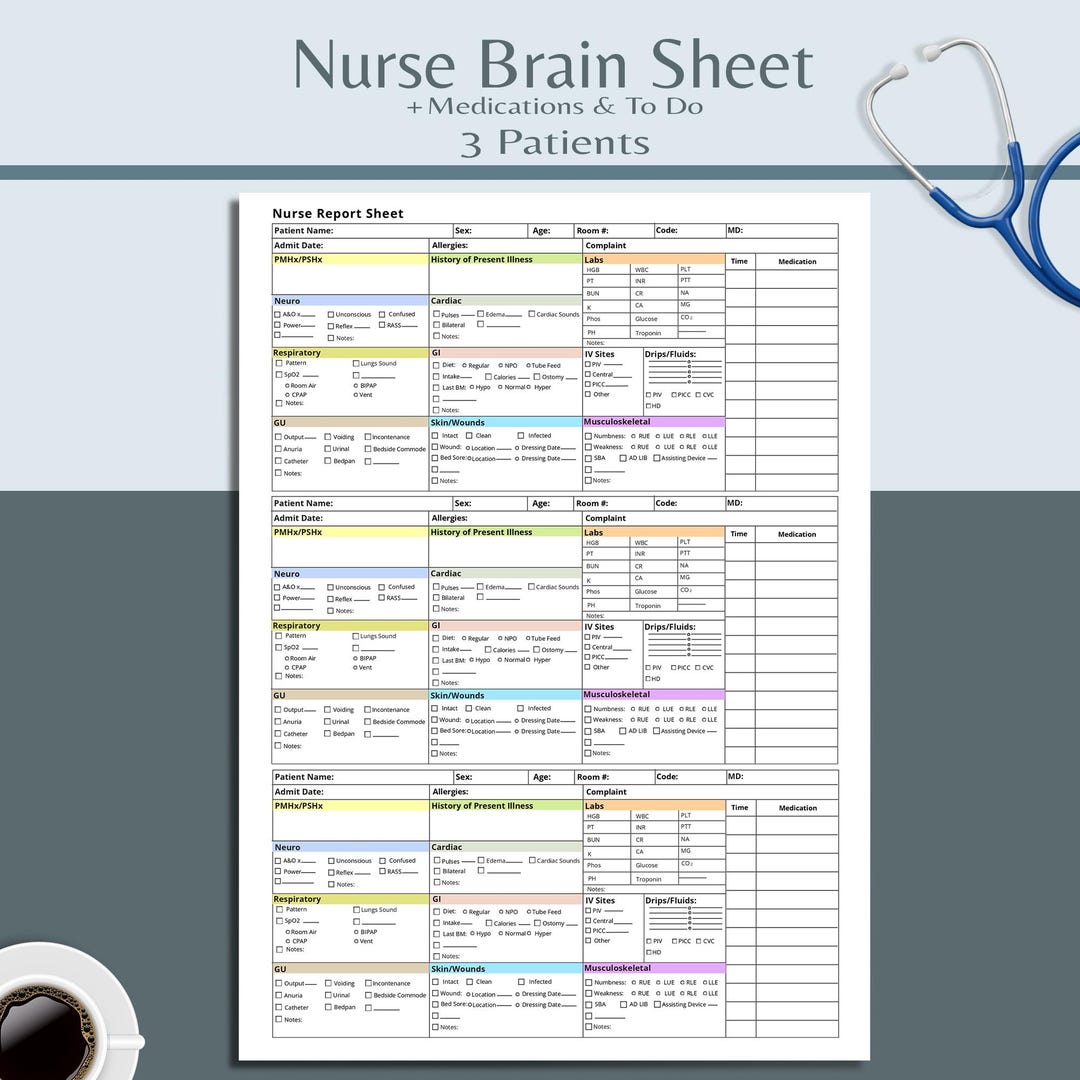 Nurse Report Sheet, Med Surg Sheets, Nurse Brain Sheet Multi Patient ...