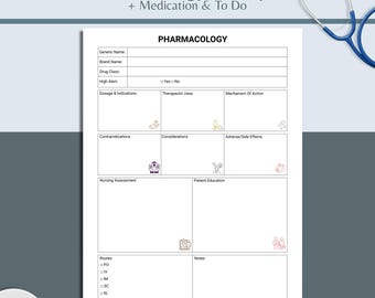 Bewerkbaar farmacologie-studieblad, medicatiegids voor verpleegkundigen, farmacologiesjabloon voor verpleegkundigen, farmacologie voor verpleegkundestudenten (pdf)