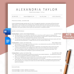 Könnte beinhalten: Eine professionelle Lebenslaufvorlage mit dem Namen ALEXANDRIA TAYLOR oben. Der Lebenslauf enthält Abschnitte für den beruflichen Überblick, die Berufserfahrung und die Ausbildung. Ein Stift und zwei Dokumentsymbole sind sichtbar.