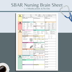 Puede incluir: Una hoja de registro de enfermería SBAR blanca con secciones para información del paciente, historial médico, evaluación y listas de tareas. La hoja incluye un estetoscopio y una taza de café. El texto en la hoja incluye "Medication & To Do".