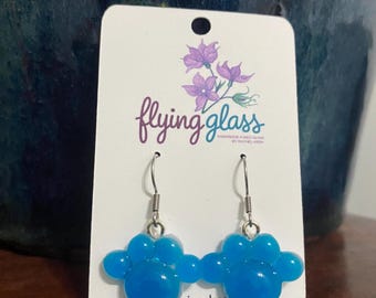 Fused glass paw print earrings; sky blue over opaque white