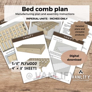 Könnte beinhalten: Mehrere gedruckte Pläne für einen Bettkamm, einschließlich Montageanleitungen und Fertigungsdetails. Die Pläne sind mit "IMPERIAL UNITS - INCHES ONLY" gekennzeichnet. Die Dokumente erwähnen auch "5/8" Sperrholz" und "4' x 8' Platten".