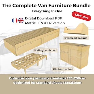 Op de afbeelding: Een digitaal PDF-downloadpakket voor van-meubels, inclusief een uitschuifbaar bed, een bovenkast en een keukenkast. De ontwerpen zijn geoptimaliseerd voor standaardplaten van 122x250cm. Tekst: The Complete Van Furniture Bundle.