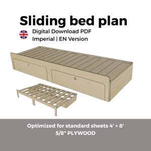 Peut inclure: Plan PDF numérique pour un lit coulissant en bois clair. Le plan est optimisé pour des feuilles standard de 122 cm x 244 cm et du contreplaqué de 1,6 cm. L'image montre le cadre de lit avec deux tiroirs et un sommier séparé.