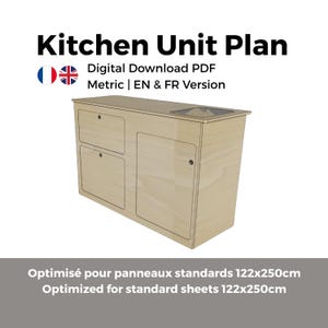 Peut inclure: Plan d'unité de cuisine en bois clair, téléchargement numérique PDF. L'unité comprend deux tiroirs et une porte d'armoire. Le texte indique "Kitchen Unit Plan" et "Optimisé pour panneaux standards 122x250cm".
