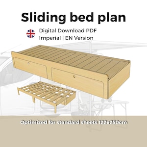 バン用スライドベッド設計図 PDF – 拡張可能なキャンピングカー用ベンチの設計図 – DIYバン改造ガイド – 5/8インチ合板 – インペリアル単位 | デジタルダウンロード