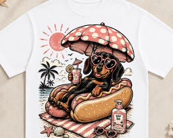 Hot Dog Bassotto Spiaggia Estate PNG, Divertente cane bassotto che si rilassa sotto l'ombrellone, Simpatico cane bassotto cartone animato clipart, Design per sublimazione vacanze