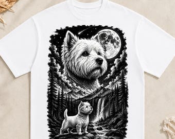 West Highland White Terrier PNG: Illustrazione di un cane Westie al chiaro di luna, ritratto canino fantasy png, design per amanti degli animali (download digitale)