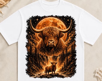 Illustrazione PNG di una mucca delle Highlands: design di bovini scozzesi delle Highlands al chiaro di luna, animale da fattoria rustico in formato PNG, arte naturalistica fantasy (download digitale)