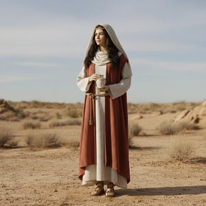Puede incluir: Una mujer con una larga túnica color óxido y un vestido color crema está de pie en un paisaje desértico. Lleva un tocado y sostiene un pequeño recipiente blanco. Un cinturón de cuerda ciñe la túnica a la cintura. La escena evoca un tema histórico o bíblico.