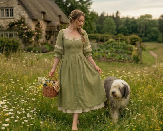 Sage Green Prairie Cottagecore Dress, Vintage Linen Midi Dress, Regency Farm Dress, Victorian Peasant Dress, Milkmaid Cottagecore Outfit Sage Green Prairie Cottagecore Dress, Vintage Linen Midi Dress, Regency Farm Dress, Victorian Peasant Dress, Milkmaid Cottagecore Outfit