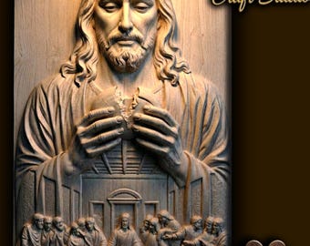 May include: A detailed wooden relief sculpture of a religious figure holding a heart, with the Last Supper scene below. The design is by Fortuna Craft Studio, with "STL FILE" text visible.