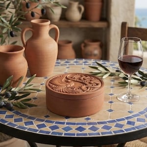 May include: A terracotta round box with a detailed relief design, set on a mosaic tile table with a glass of red wine. The scene includes terracotta vases and olive branches, creating a rustic, Mediterranean ambiance.