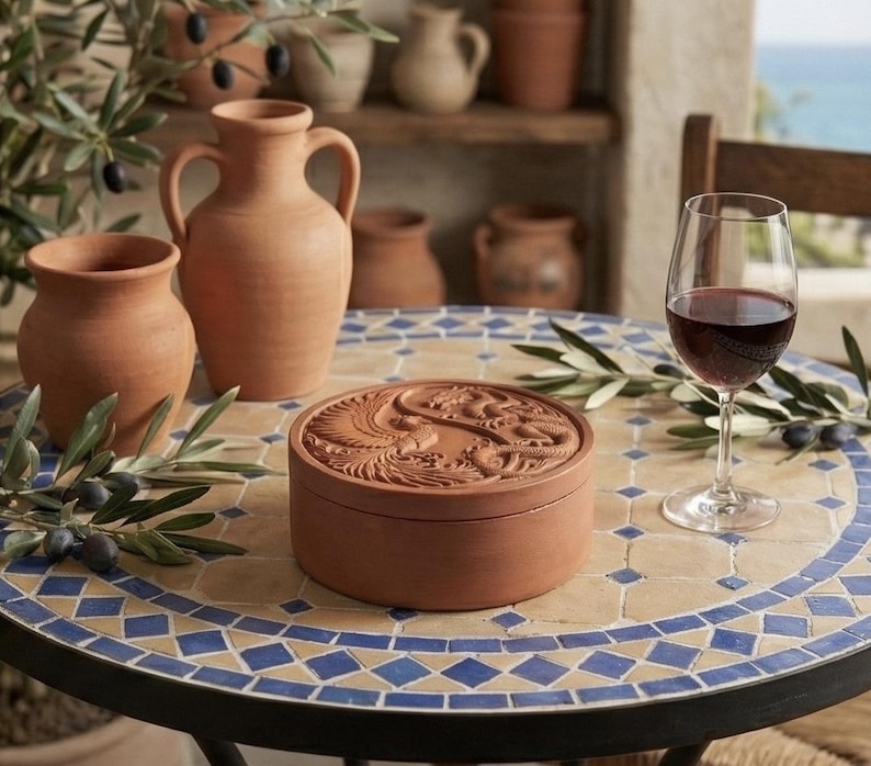 May include: A terracotta round box with a detailed relief design, set on a mosaic tile table with a glass of red wine. The scene includes terracotta vases and olive branches, creating a rustic, Mediterranean ambiance.