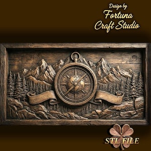 May include: A detailed wooden relief carving featuring a compass with a globe design, set against a backdrop of mountains and pine trees. The artwork includes a banner and is framed. The text "Design by Fortuna Craft Studio" is visible.