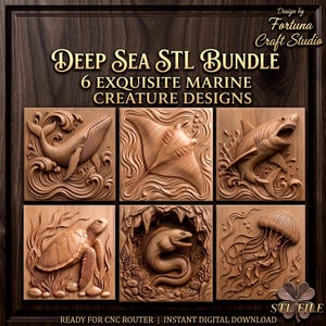Puede incluir: Una colección digital titulada Deep Sea STL Bundle 6 Exquisite Marine Creature Designs de Fortuna Craft Studio. Presenta seis paneles cuadrados de relieve tallados en madera que representan una ballena, una mantarraya, un tiburón, una tortuga marina, una anguila y una medusa.