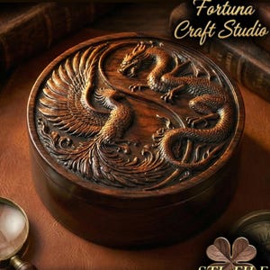 Caja redonda de baratijas con dragón y fénix (STL) - Estuche para joyas imprimible en 3D - Contenedor de recuerdos míticos - Archivos de impresión 3D DIY