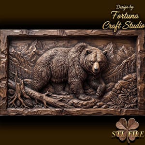 May include: A rectangular wooden wall art piece featuring a detailed relief carving of a grizzly bear walking through a mountainous forest landscape. The scene includes pine trees, rocky terrain, and a fallen log with pinecones in the foreground.