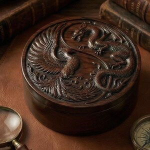 May include: A round, dark brown wooden box with a carved design of a dragon and phoenix. The box is set on a leather surface, with a magnifying glass and compass in the background. The box has a lid with a detailed relief carving.