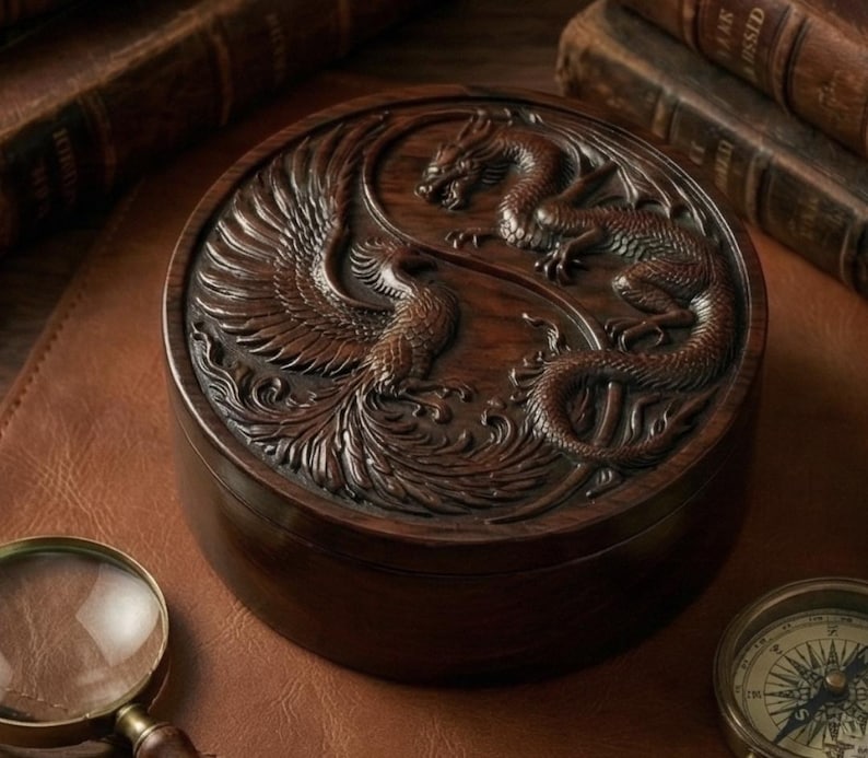 May include: A round, dark brown wooden box with a carved design of a dragon and phoenix. The box is set on a leather surface, with a magnifying glass and compass in the background. The box has a lid with a detailed relief carving.