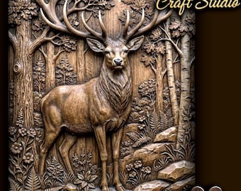 May include: A detailed wood carving of a stag in a forest setting. The stag has large antlers and is surrounded by trees, rocks, and foliage. The text "Design by Fortuna Craft Studio" is visible. The image also includes the text "STL FILE".