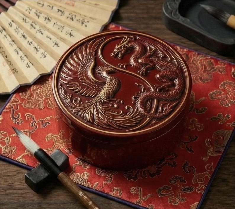 Mythical Container Pattern Dragon and Phoenix Round Trinket Box STL- 3D Printable Jewelry Case ...