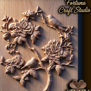 May include: A wooden relief carving featuring detailed floral and bird designs. The artwork includes blooming flowers, leaves, and two birds perched on branches. The text "Design by Fortuna Craft Studio" and "STL FILE" are visible.