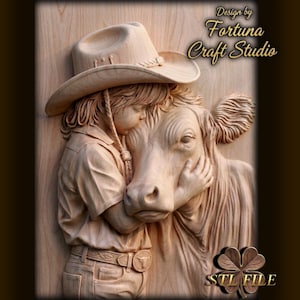May include: A detailed wooden carving depicting a child in a cowboy hat hugging a cow. The carving is in a light brown hue, with intricate details on the clothing, hat, and the cow's fur. The text "Design by Fortuna Craft Studio" is visible.