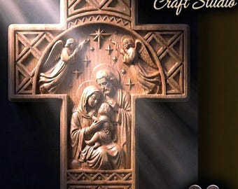 Holy Family Cross 3D Relief – STL File for CNC & 3D Printing. Religious Wall Art