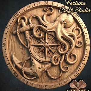 May include: Wooden nautical-themed relief carving featuring an octopus, compass rose, and anchor. The design includes the text "Design by Fortuna Craft Studio" and "STL FILE". The carving is circular and has a detailed, three-dimensional appearance.