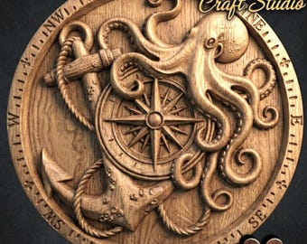 Octopus and Wind Rose 3D Relief – STL File for CNC & 3D Printing. Nautical Wall Art.