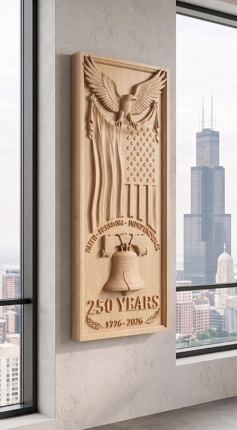 May include: A rectangular light-colored wooden wall plaque featuring a relief carving of an eagle, an American flag, and the Liberty Bell. The text reads FAITH FREEDOM INDEPENDENCE, 250 YEARS, and 1776-2026, accompanied by laurel leaf carvings.