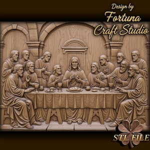Pode incluir: Escultura em madeira detalhada retratando a Última Ceia. A obra apresenta Jesus e seus discípulos sentados em volta de uma mesa, com detalhes intrincados em suas vestes e expressões. O texto "Design by Fortuna Craft Studio" é visível.