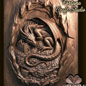 Dragon guardian of treasures 3D Relief – STL File for CNC & 3D Printing. Fantasy Wall Art.