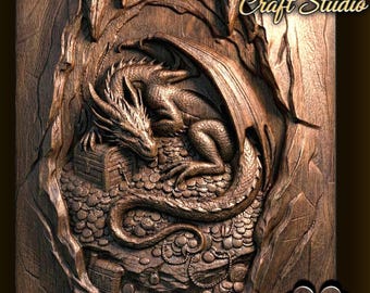 Dragon guardian of treasures 3D Relief – STL File for CNC & 3D Printing. Fantasy Wall Art.