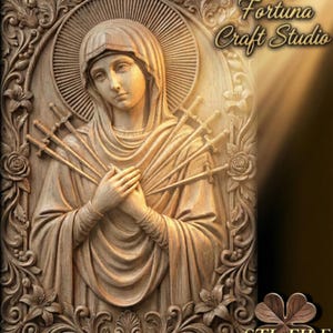 May include: A wooden carving of a religious figure with a halo, holding swords. The figure is surrounded by floral designs and the text "Design by Fortuna Craft Studio" and "STL FILE". The carving is in shades of brown.