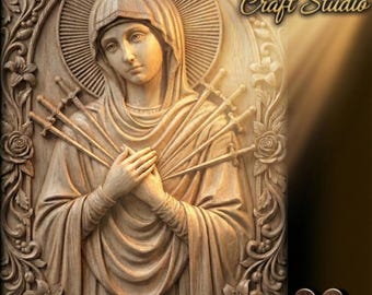 Virgin Mary of Sorrows " Seven-Swords" 3D Relief – STL File for CNC & 3D Printing. Christian Religious Wall Art