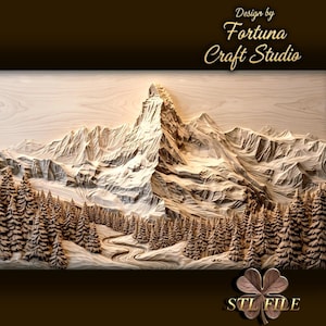 Puede incluir: Una detallada talla de madera de una cordillera con un río sinuoso y un bosque de pinos. La obra de arte está en tonos marrones y beige, con el texto "Design by Fortuna Craft Studio" y "STL FILE".