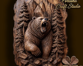 Growling grizzly bear 3D Relief – STL File for CNC & 3D Printing. Wildlife Wall Art.