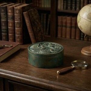 May include: A round, antique-style green box with a detailed bird design on the lid. The box sits on a wooden surface, alongside a magnifying glass and a globe. Bookshelves filled with old books are in the background.