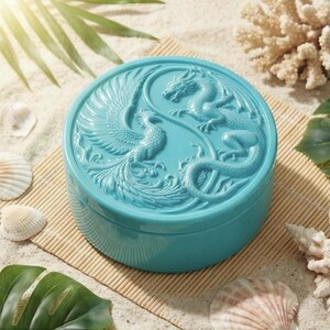 May include: A round, turquoise-colored box with a detailed relief design of a phoenix and a dragon. The box is set on a bamboo mat with seashells and tropical foliage in the background. The lid features a Yin and Yang design.