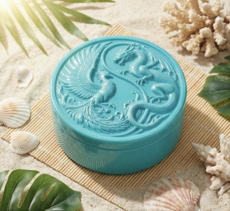 Mythical Container Pattern Dragon and Phoenix Round Trinket Box STL- 3D Printable Jewelry Case ...
