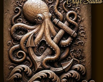 Octopus and anchor 3D Relief – STL File for CNC & 3D Printing. Wildlife Wall Art.
